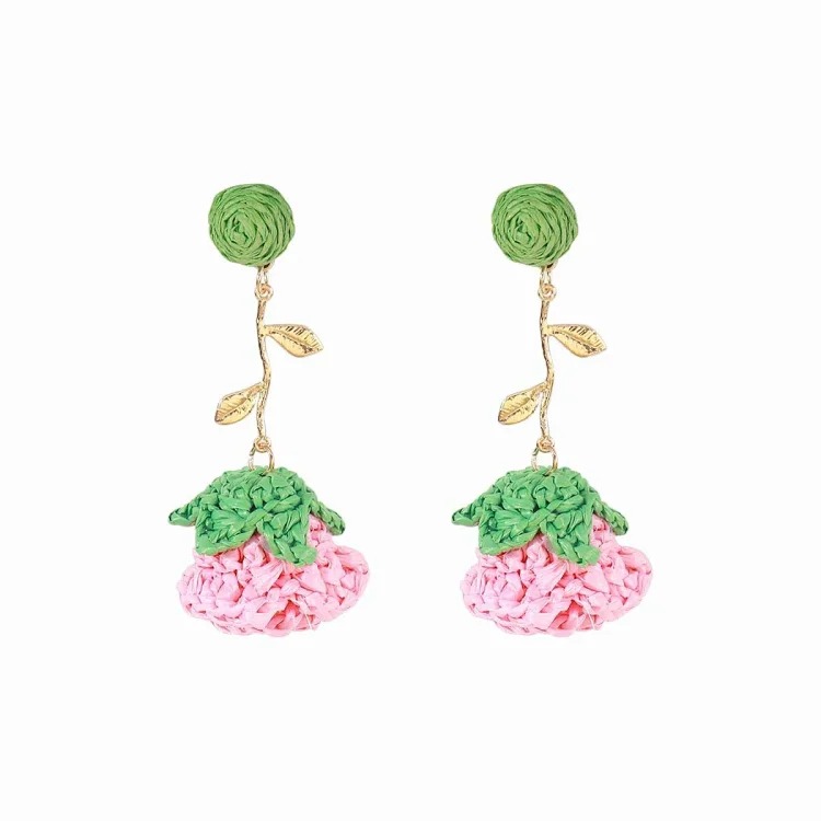 E14816 Bohemian hand-woven raffia flower earrings sweet floral jewelry holiday style accessories for women