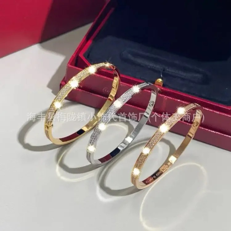 E classic baby's breath bracelet for women, narrow version, full of diamonds, thick plated 18K rose gold