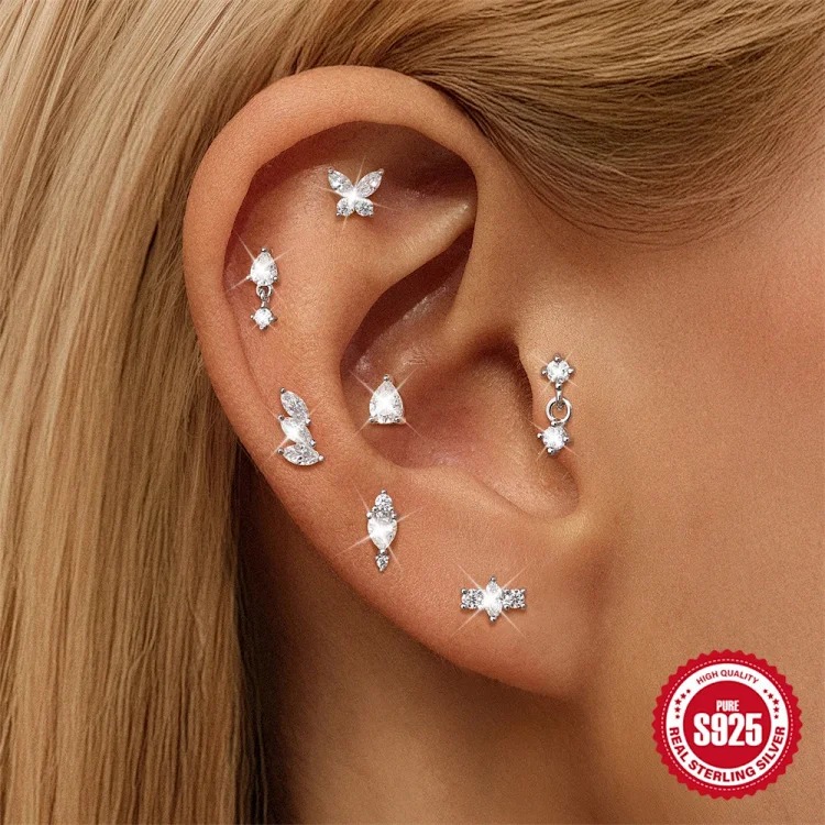 S925 sterling silver spliced ​​moissanite flat head thread piercing cartilage earrings light luxury ear bone nail piercing earrings