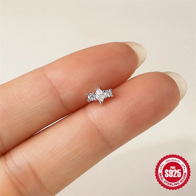 S925 sterling silver spliced ​​moissanite flat head thread piercing cartilage earrings light luxury ear bone nail piercing earrings