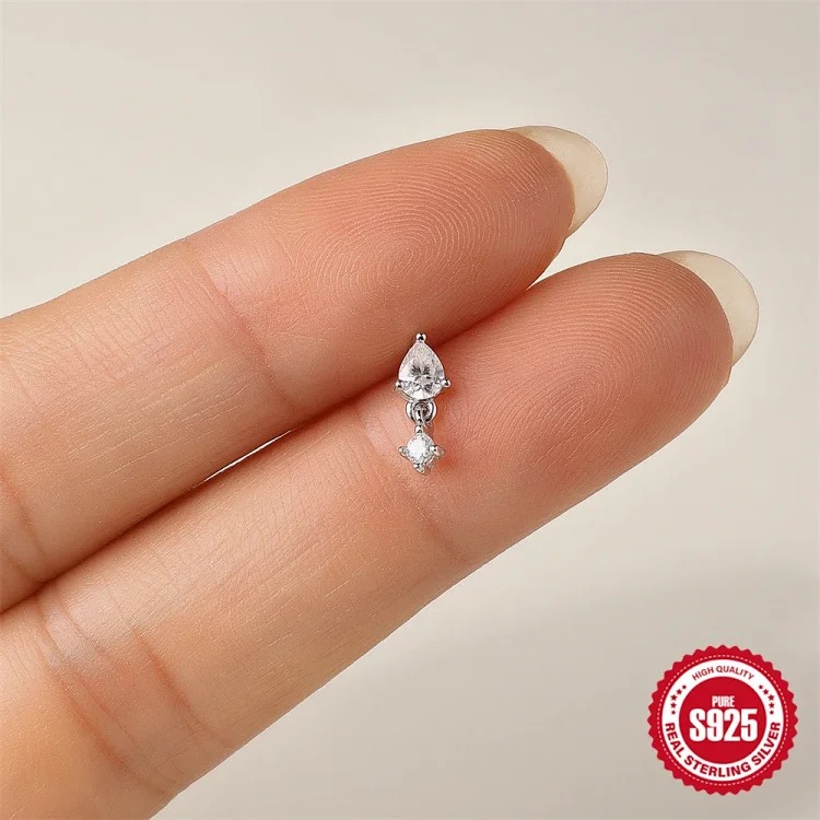 S925 sterling silver spliced ​​moissanite flat head thread piercing cartilage earrings light luxury ear bone nail piercing earrings