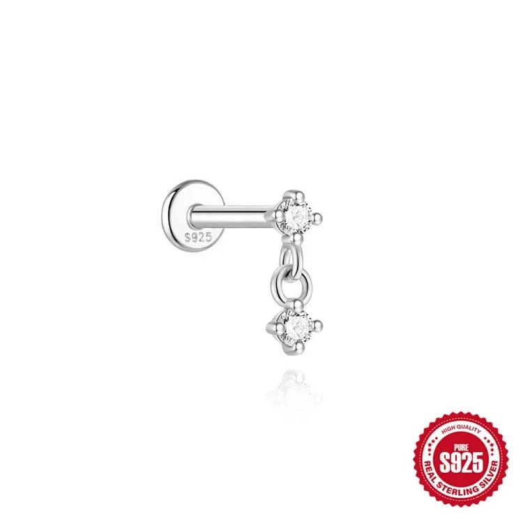 S925 sterling silver spliced ​​moissanite flat head thread piercing cartilage earrings light luxury ear bone nail piercing earrings