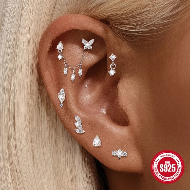 S925 sterling silver spliced ​​moissanite flat head thread piercing cartilage earrings light luxury ear bone nail piercing earrings