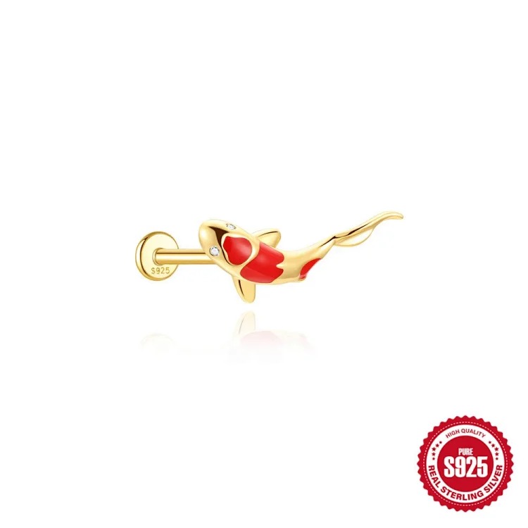 S925 sterling silver diamond koi animal flat head thread piercing bone nails European and American ear jewelry ear piercing earrings