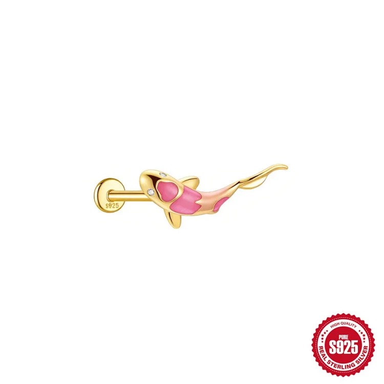S925 sterling silver diamond koi animal flat head thread piercing bone nails European and American ear jewelry ear piercing earrings