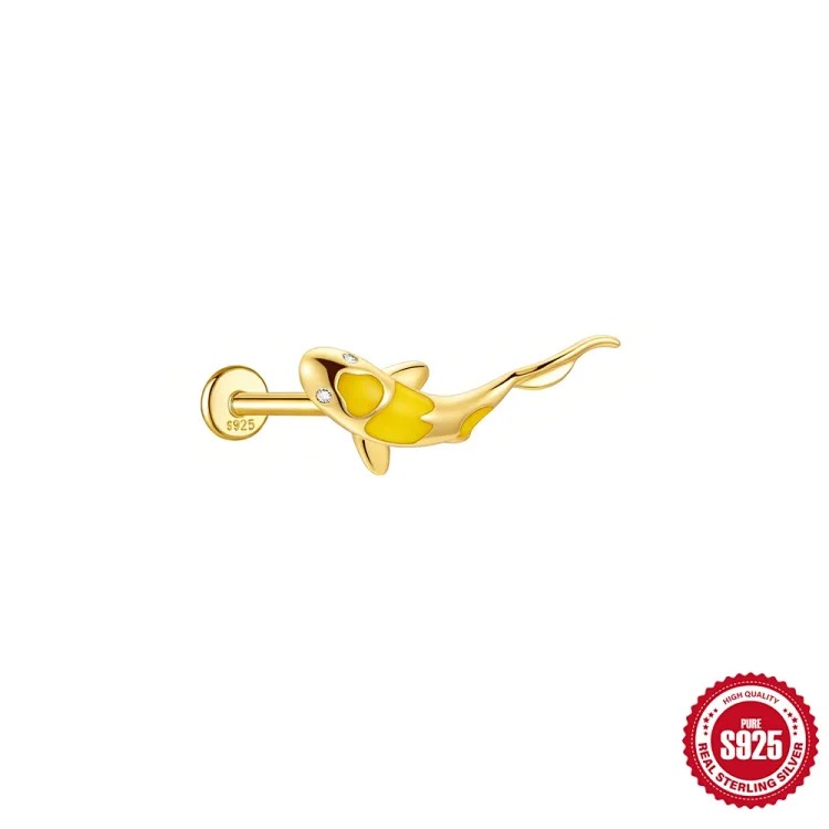 S925 sterling silver diamond koi animal flat head thread piercing bone nails European and American ear jewelry ear piercing earrings