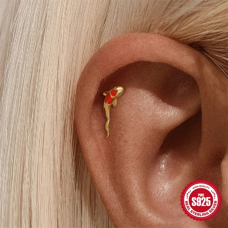 S925 sterling silver diamond koi animal flat head thread piercing bone nails European and American ear jewelry ear piercing earrings