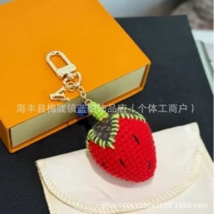 Louis Vuitton New red strawberry pendant wool braided keychain cherry denim old flower bag pendant