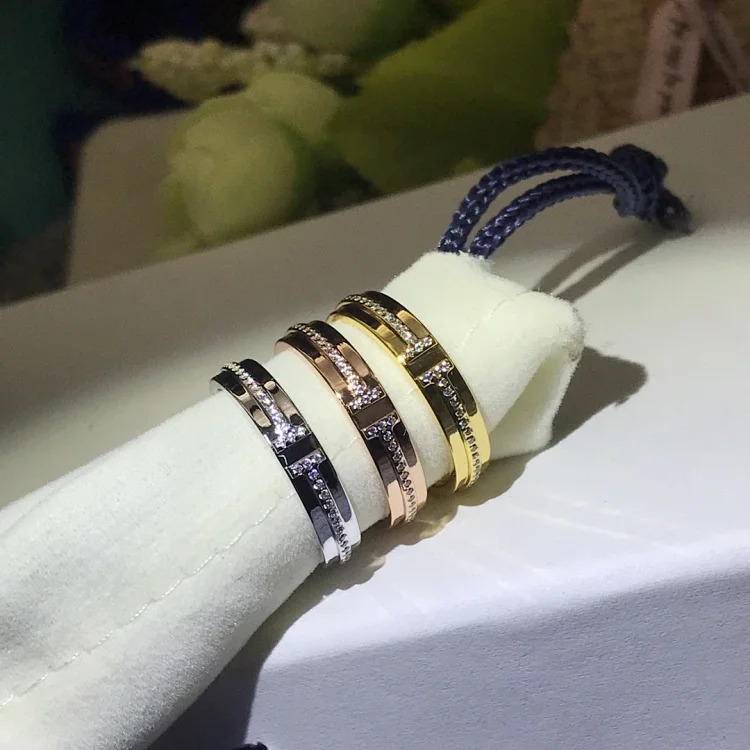 Top lead free Tifn V gold double T full diamond and half diamond ring