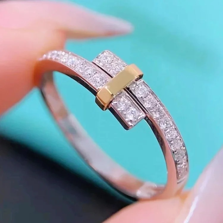 High v gold T family round full diamond color ring women's new Edge wrap-around diamond narrow European and American ring