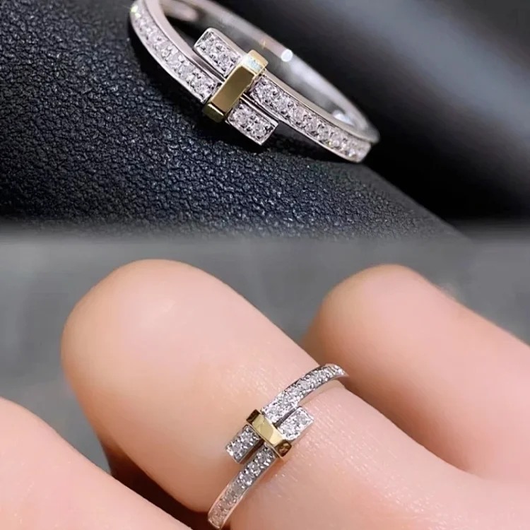 High v gold T family round full diamond color ring women's new Edge wrap-around diamond narrow European and American ring