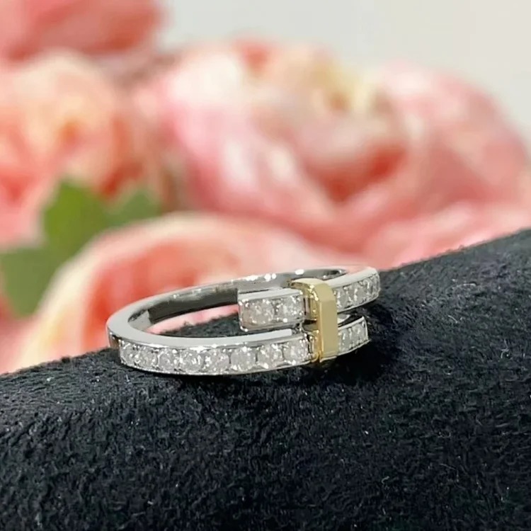 High v gold T family round full diamond color ring women's new Edge wrap-around diamond narrow European and American ring
