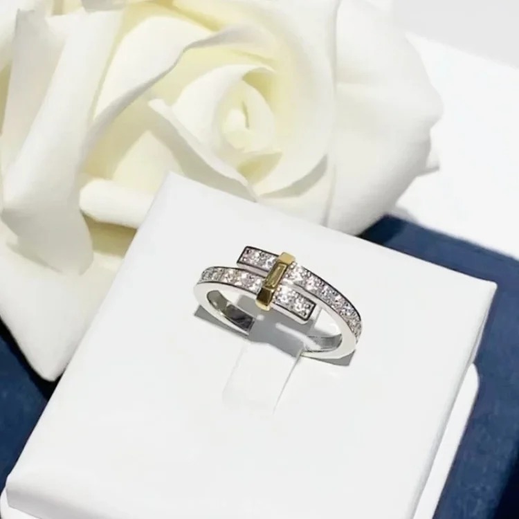 High v gold T family round full diamond color ring women's new Edge wrap-around diamond narrow European and American ring