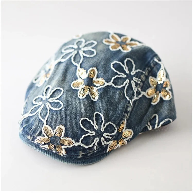 New line flower gold sequin denim forward hat women's niche personality versatile fashion sun visor peaked hat trend