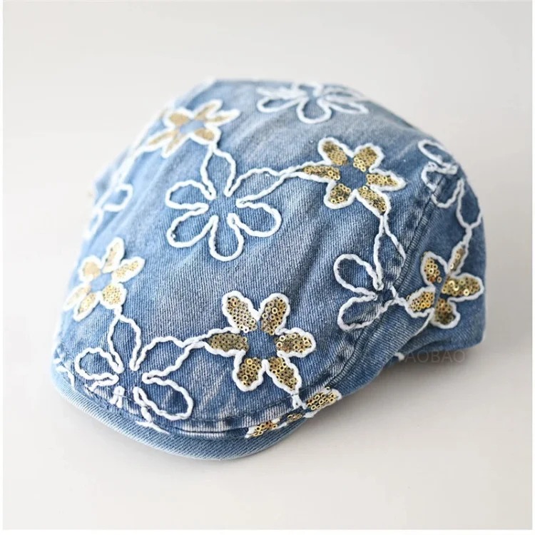 New line flower gold sequin denim forward hat women's niche personality versatile fashion sun visor peaked hat trend image 3