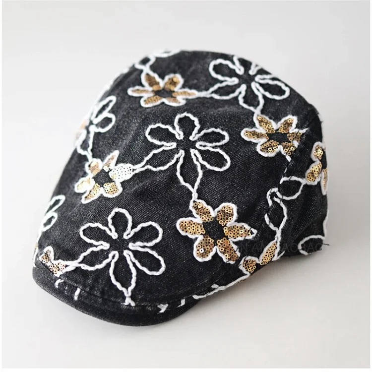 New line flower gold sequin denim forward hat women's niche personality versatile fashion sun visor peaked hat trend image 6
