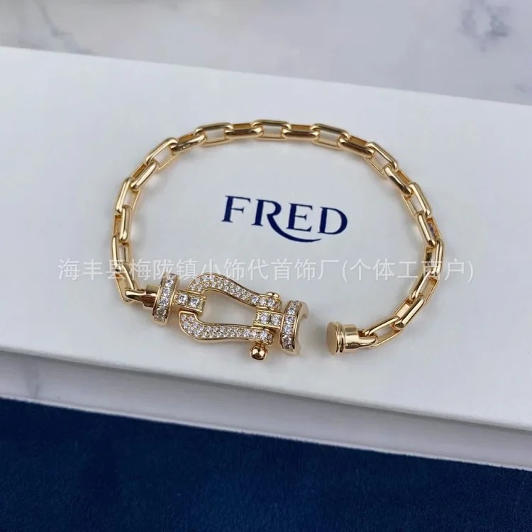 High V gold horseshoe buckle set with diamond bracelet thick plated 18K rose gold Fred men's and women's couple's bracelet bracelet