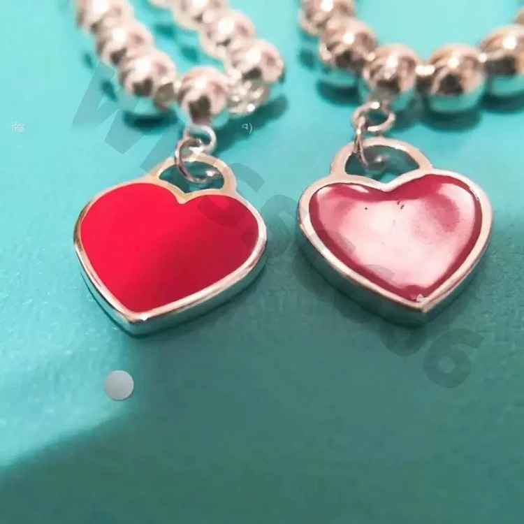 Cartier T's classic s925 sterling silver love bracelet enamel epoxy blue heart pink heart pendant heart-shaped ball bead bracelet for couples