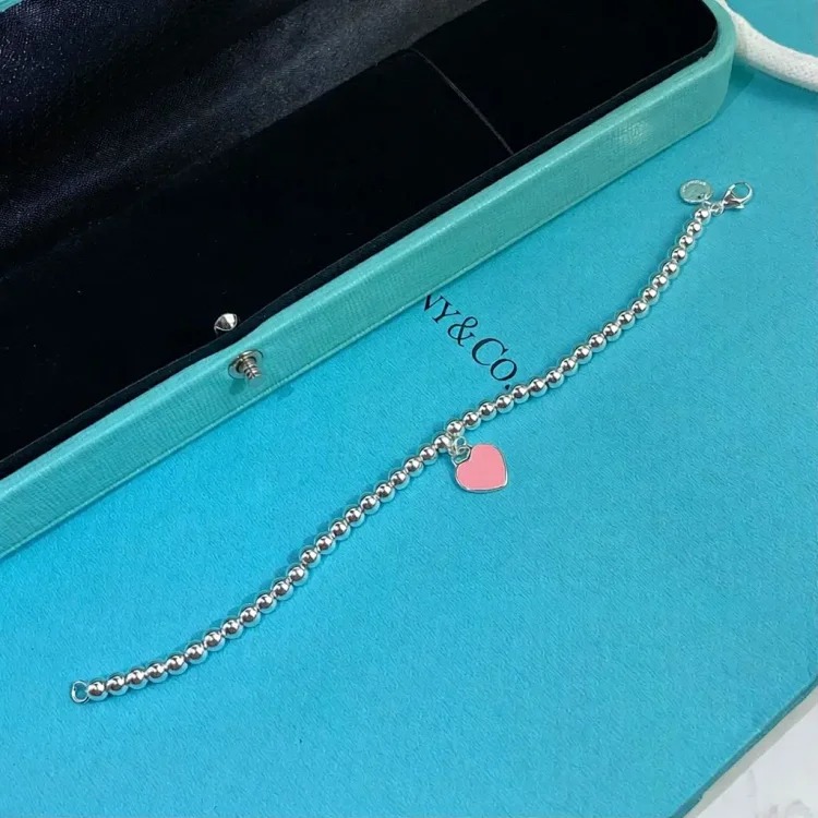 Cartier T's classic s925 sterling silver love bracelet enamel epoxy blue heart pink heart pendant heart-shaped ball bead bracelet for couples