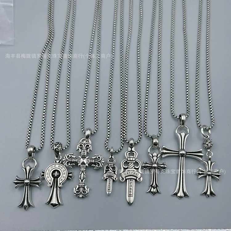 Crowe necklace S925 retro cross sweater chain six-pointed star sword anchor pendant flame men's and women's necklace