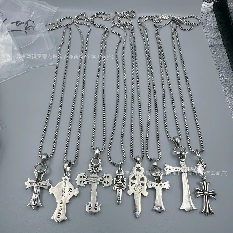 Crowe necklace S925 retro cross sweater chain six-pointed star sword anchor pendant flame men's and women's necklace