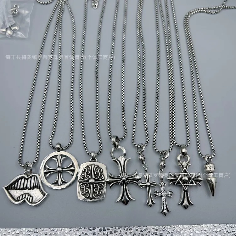 Crowe necklace S925 retro cross sweater chain six-pointed star sword anchor pendant flame men's and women's necklace