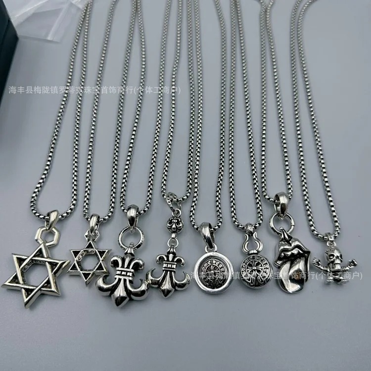 Crowe necklace S925 retro cross sweater chain six-pointed star sword anchor pendant flame men's and women's necklace