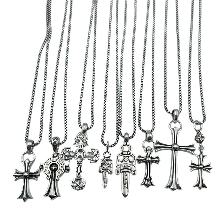 Crowe necklace S925 retro cross sweater chain six-pointed star sword anchor pendant flame men's and women's necklace