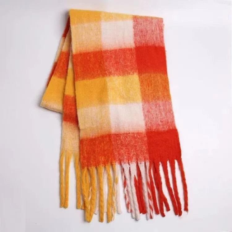2023 autumn and winter star Yang Mi's new thickened and warm rainbow-colored plaid scarf tassel color-blocked ac shawl