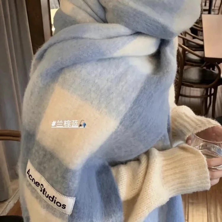 2023 autumn and winter star Yang Mi's new thickened and warm rainbow-colored plaid scarf tassel color-blocked ac shawl