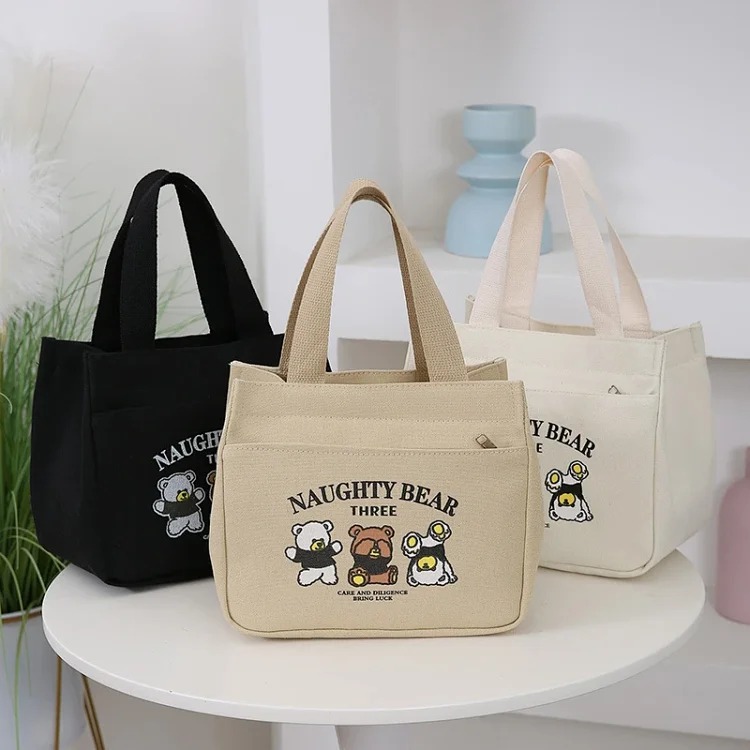 Dirty-resistant large-capacity storage handbag, simple canvas thickened lunch bag for commuting to work, hand-held lunch bag for women