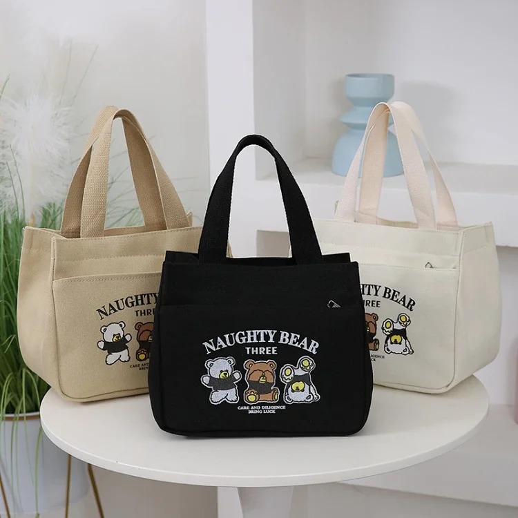 Dirty-resistant large-capacity storage handbag, simple canvas thickened lunch bag for commuting to work, hand-held lunch bag for women
