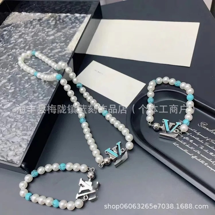 2024 high new turquoise beaded pearl necklace high-end bracelet versatile light luxury manufacturer direct sale