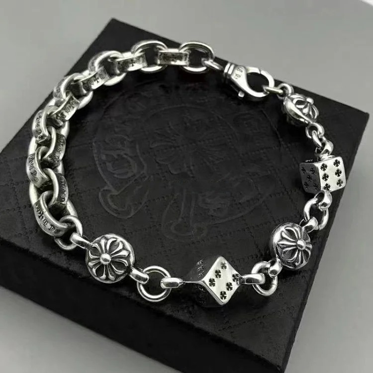 Chrome Hearts Chaoxuan Crow Heart Personalized Letter Bracelet for Men and Women Couple Retro Thai Silver Cross Dice Bracelet