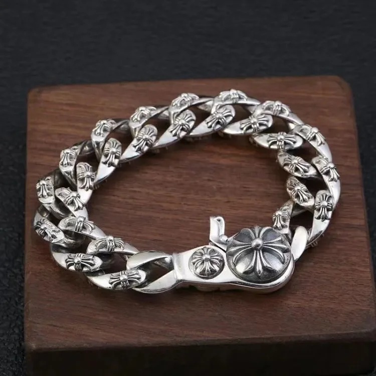 Chrome Hearts Chaoxuan Crow Heart Personalized Letter Bracelet for Men and Women Couple Retro Thai Silver Cross Dice Bracelet image 5