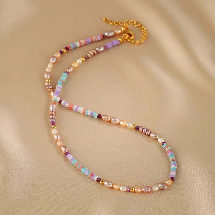 Colorful Candy Dopamine Freshwater Natural Pearl Necklace Women's Baroque European and American Fashion Clavicle Chain Beaded Necklace