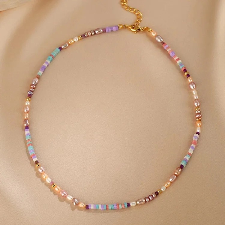 Colorful Candy Dopamine Freshwater Natural Pearl Necklace Women's Baroque European and American Fashion Clavicle Chain Beaded Necklace