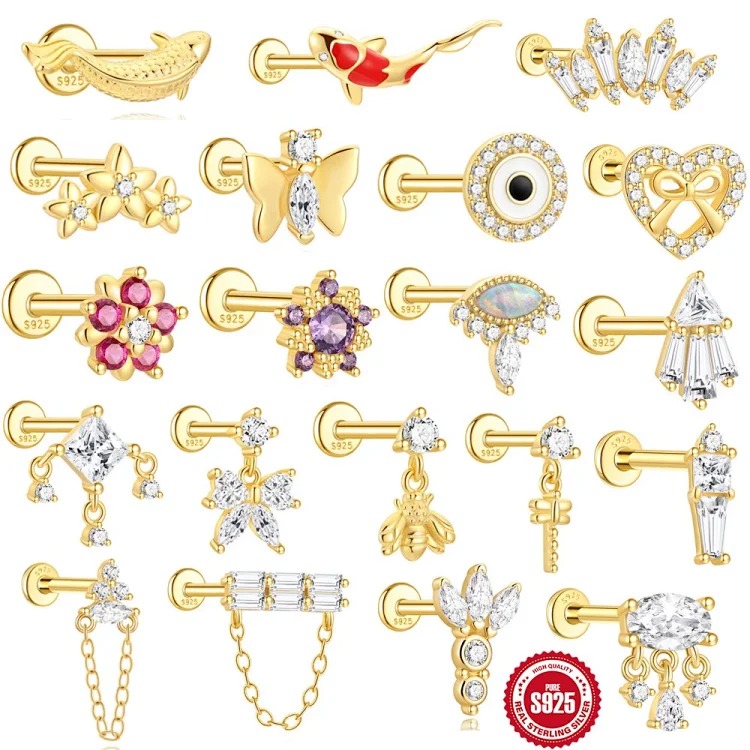 S925 sterling silver geometric diamond koi animal flat head thread piercing bone nails European and American earrings earrings wholesale