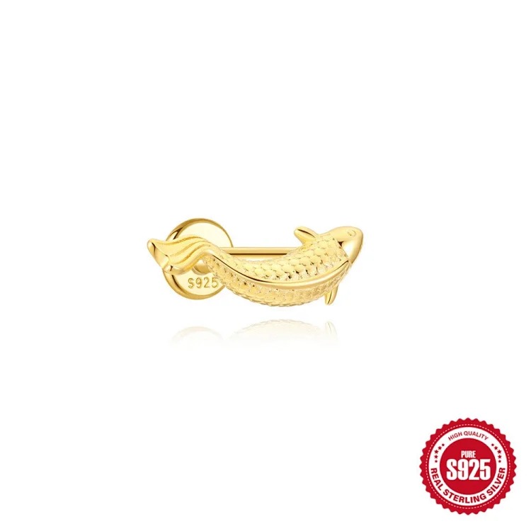 S925 sterling silver geometric diamond koi animal flat head thread piercing bone nails European and American earrings earrings wholesale image 2