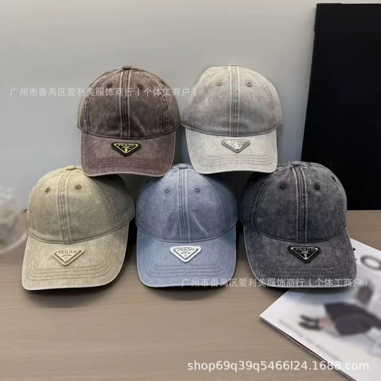 Prada Spot retro washed old baseball cap men's trendy triangle logo peaked cap women's soft top face-showing small sun hat
