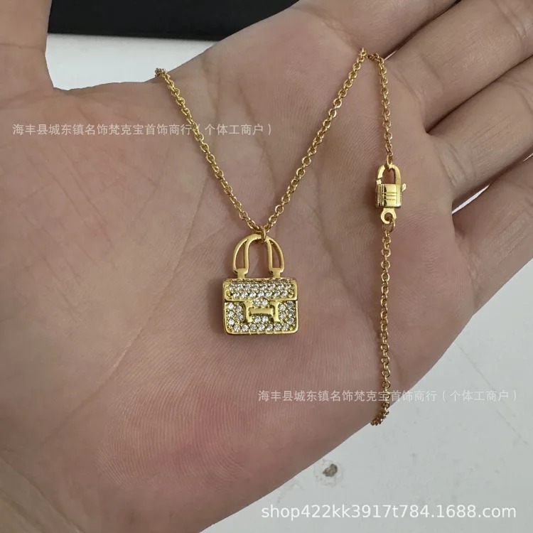 New H Kangkang bag necklace for women sterling silver high V gold rose gold light luxury niche internet celebrity full diamond clavicle chain(pic4) New H Kangkang bag necklace for women sterling silver high V gold rose gold light luxury niche internet celebrity full diamond clavicle chain