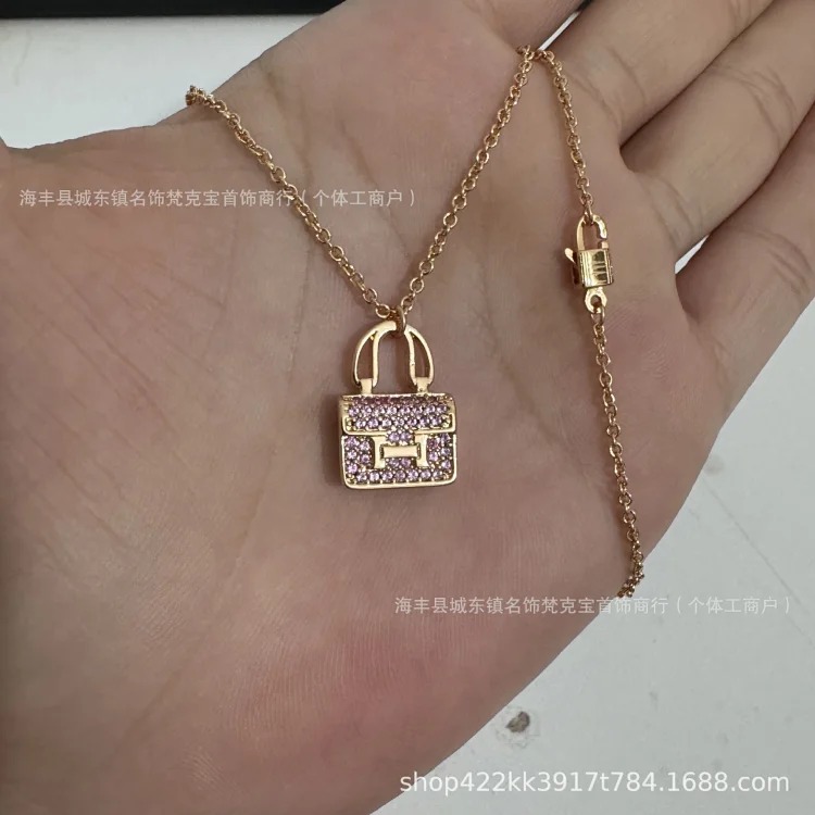 New H Kangkang bag necklace for women sterling silver high V gold rose gold light luxury niche internet celebrity full diamond clavicle chain(pic6) New H Kangkang bag necklace for women sterling silver high V gold rose gold light luxury niche internet celebrity full diamond clavicle chain