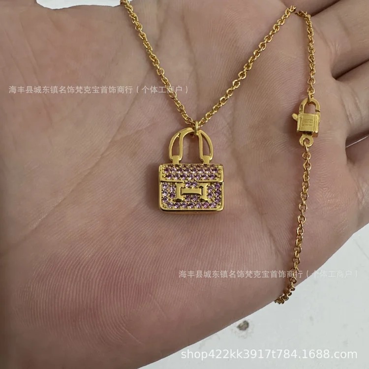 New H Kangkang bag necklace for women sterling silver high V gold rose gold light luxury niche internet celebrity full diamond clavicle chain(pic7) New H Kangkang bag necklace for women sterling silver high V gold rose gold light luxury niche internet celebrity full diamond clavicle chain