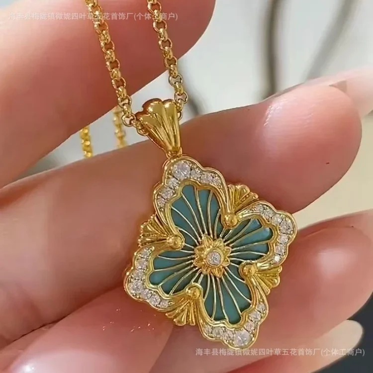 Necklace opera palace style double-sided brushed enamel diamond clavicle chain necklace gold plated 18K image 5