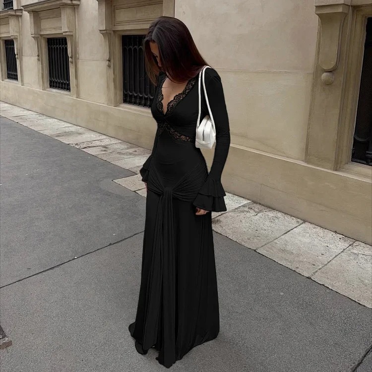 Spring European and American fashion dress, elegant and sexy lace splicing slim long skirt with design
