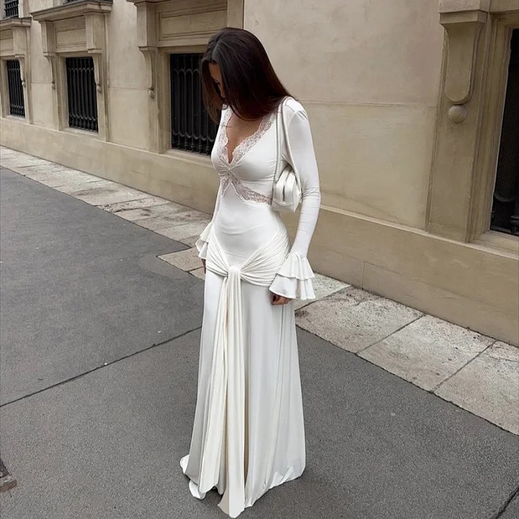 Spring European and American fashion dress, elegant and sexy lace splicing slim long skirt with design