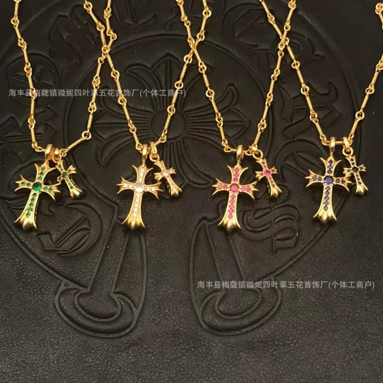 Chanel Crowe double cross necklace couple's same style diamond-plated 18K gold double pin pendant clavicle chain sweater chain