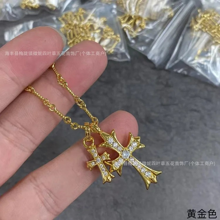 Chanel Crowe double cross necklace couple's same style diamond-plated 18K gold double pin pendant clavicle chain sweater chain image 3