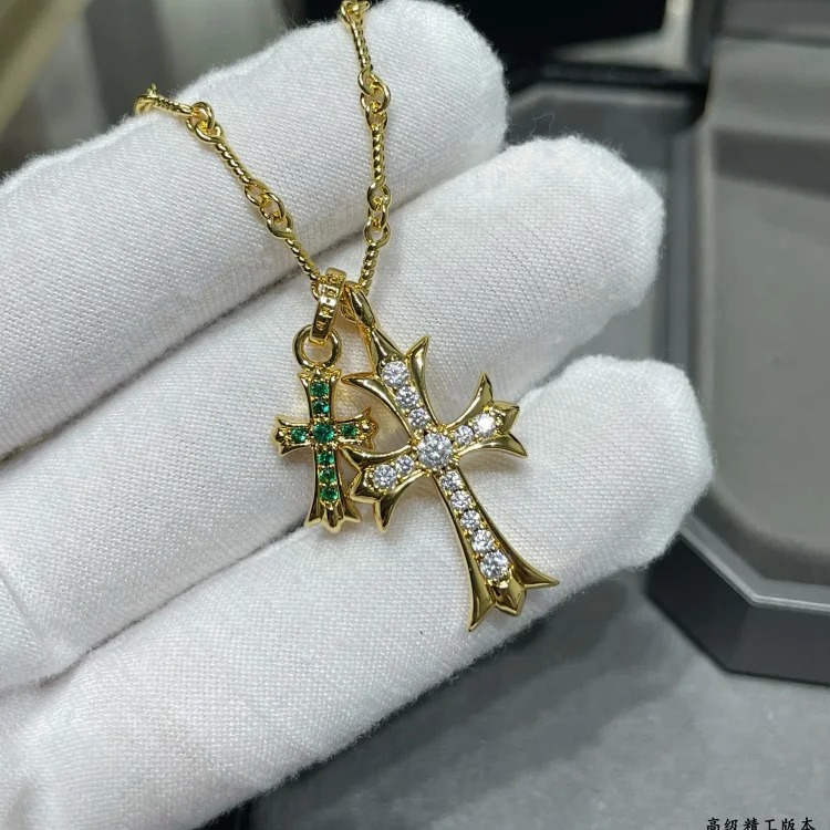 Chanel Crowe double cross necklace couple's same style diamond-plated 18K gold double pin pendant clavicle chain sweater chain image 5