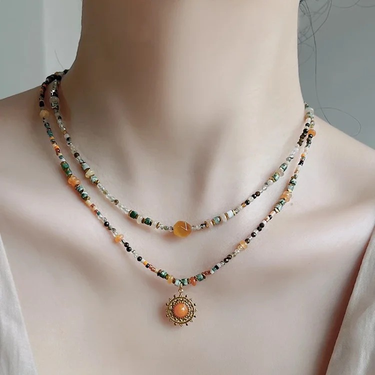The sun makes smoke~Colorful beaded sun pendant necklace for women with light luxury niche style stacked clavicle chain
